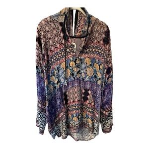 JOHNNY WAS Bohemian Multicolor Velvet burnout hooded tunic, lightweight, L